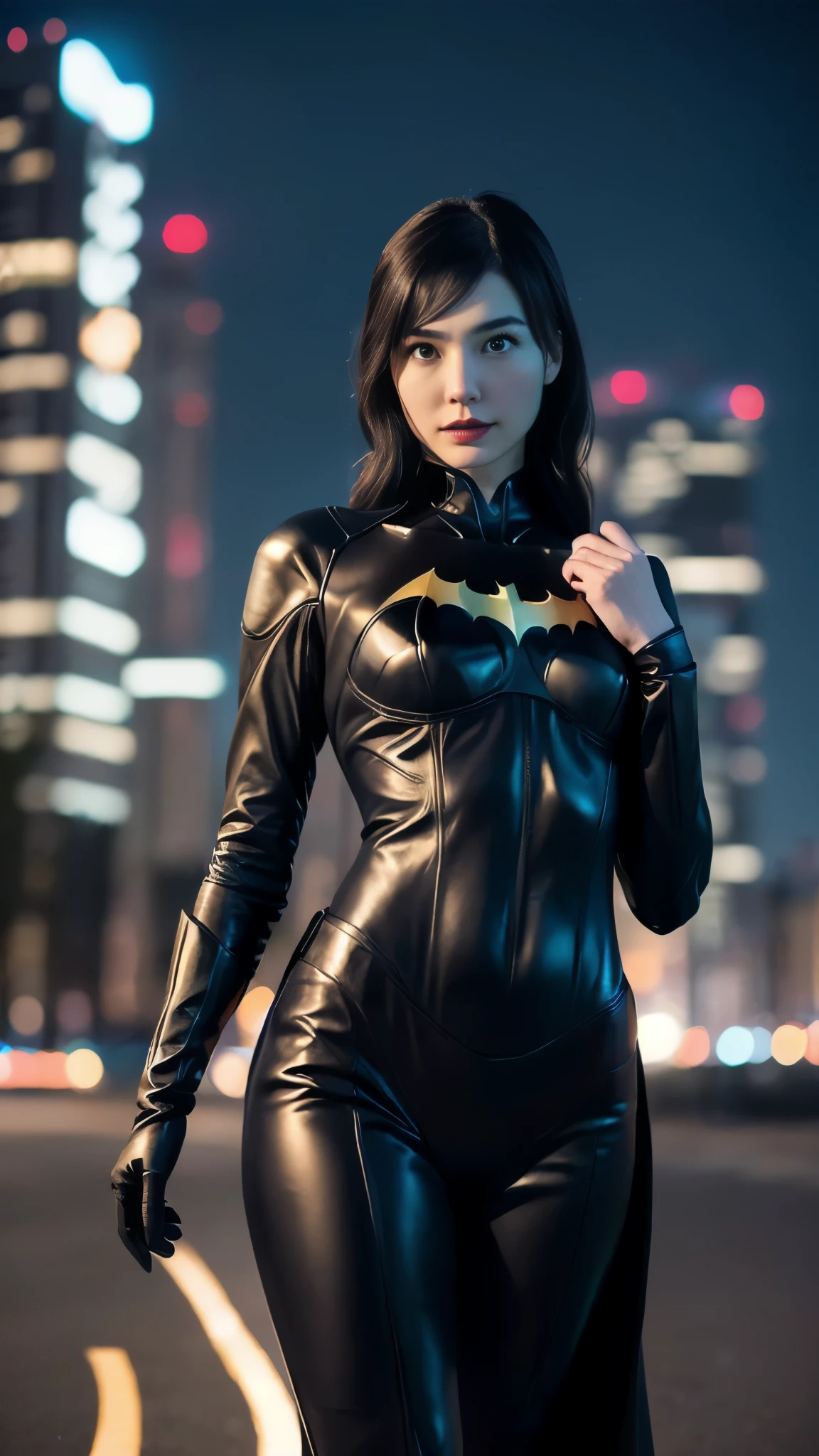 batman cosplaying woman in leather outfit posing in front of cityscape, cassandra cain in satin, cassandra cain, cosplay on black harley queen, alena aenami and artgerm, by Jason Chan, wojtek fus, cinematic goddess body shot, gal gadot as hell lord, glamourous cosplay, artgerm moody photography, ross tran 8 k, batgirl