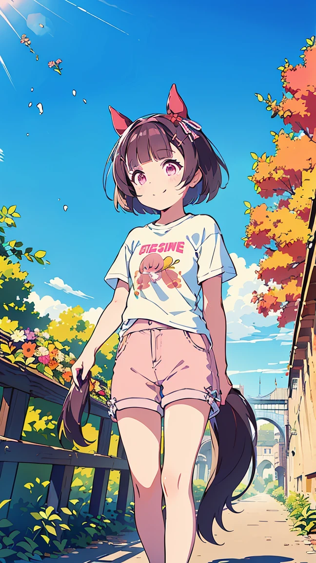 masterpiece, Best Quality, High resolution, Very detailed,(((Nishino Flower))), (((Horse Girl))), (((Standing at a distance))), (((Streetscape))), (((bridge))), (((nature))), (((T-Shirts))), (((Shorts))), (((Plants))), (((blue sky))), (((smile))), (((Multicolored Hair))), (((horn))), (((Pink Eyes)))