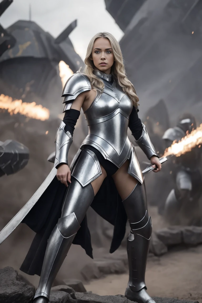 action dynamic full body shot of of well curved female princess in futuristic armor, beautiful blonde hair, grey eyes, fearsome gaze, amidst her army, bokeh