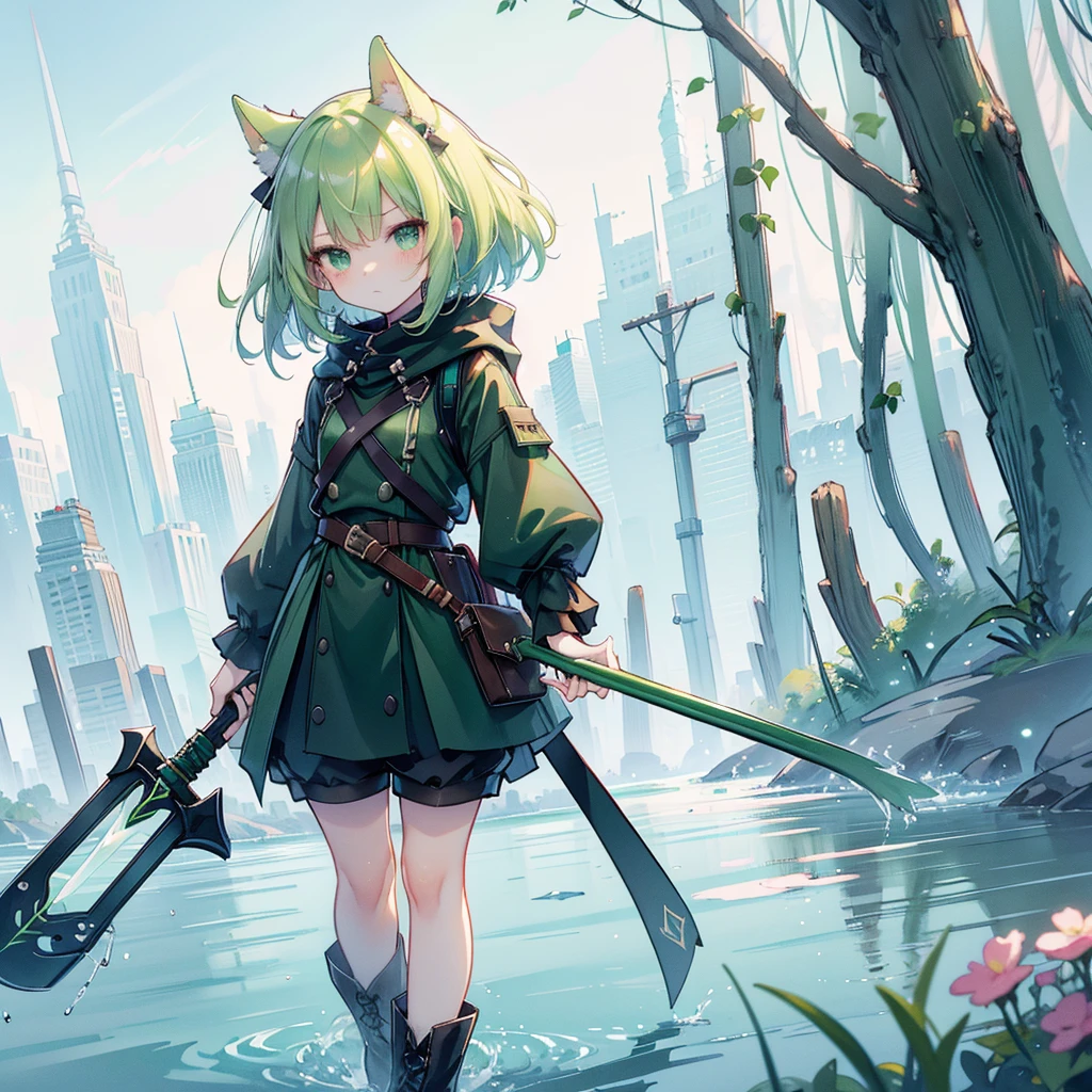 (long Green rabbit ears), green animal ears, (1 girl), green hair, green eyes, bob cut,, frowning, flushed, grumpy, shy, young, alone, ****ta, childhood, child, short, black hood, black rain coat, long boots, wide pants, harness, belt, pouch, with one hand Axe, midnight Forest, tiny, baby face, pastel academia, cel anime, Solo