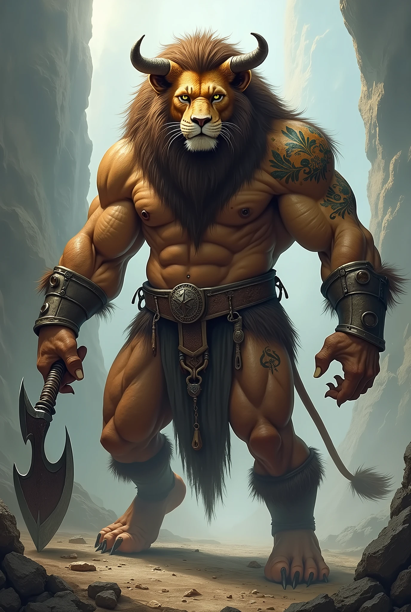 Front view, full height, Medieval, anthro (lion), male, feline, adult, solo, hyper muscular, huge muscles, massive build, heavy posture, wide shoulders, giant body and tiny head in comparsion ((blacksmith cloths, barechested)), dark pants, correct anatomy, tail, massive, (dark brown fur, black mane, dark snout, detailed fur:1.4), wide calves and wide feet, wide forearms, detailed background, antient town background, photorealistic, hyperrealistic, ultradetailed, (masterpiece:1.2), epic, (correct furry hands), natural lighting, (by grimfaust), tough, high quality ultradetailed green eyes, barefoot, thick sweat dripping over lion