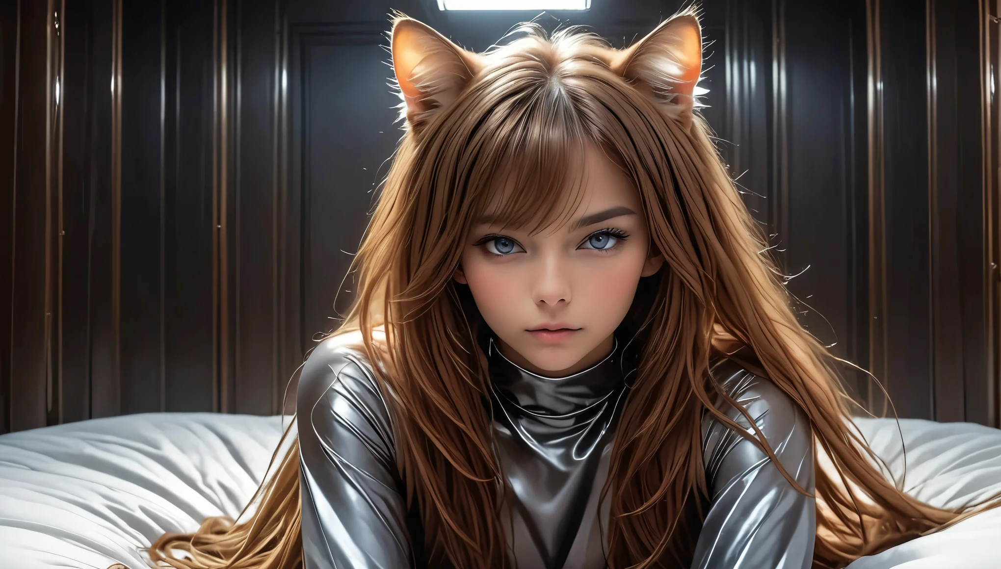 ((barely legal girl, with cat ears and choker, in an oversize shiny rubber jumpsuit with plunging neckline, wide cleavage, deep neckline, small perky breasts, beautiful detailed eyes, beautiful detailed lips, small closed mouth, extremely detailed face, pale skin, random long hairstyle, small hips, lying on a bed with silk sheets, fear on the face)), moody atmosphere, dramatic and random colors, futuristic setting, intricate details, night, backlight, full body shot, view from a distance, random pose