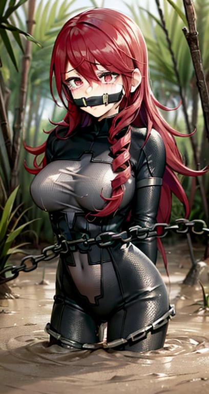 (black bodysuit, grey bodysuit:1.4), kirijou mitsuru, (red eyes, long hair, messy hair, red hair:1.4), 1girl, (gag, gagged, tape gag, restrained:1.4), (((fear, tears, crying))), thigh gap, (((large breasts))), ((a girl is sinking into quicksand)), ((quicksand)), (((standing))), sinking in quicksand, partially submerged, (only upper body visible), Sinking in mud, jungle, (arms behind back:1.4), (chains)
