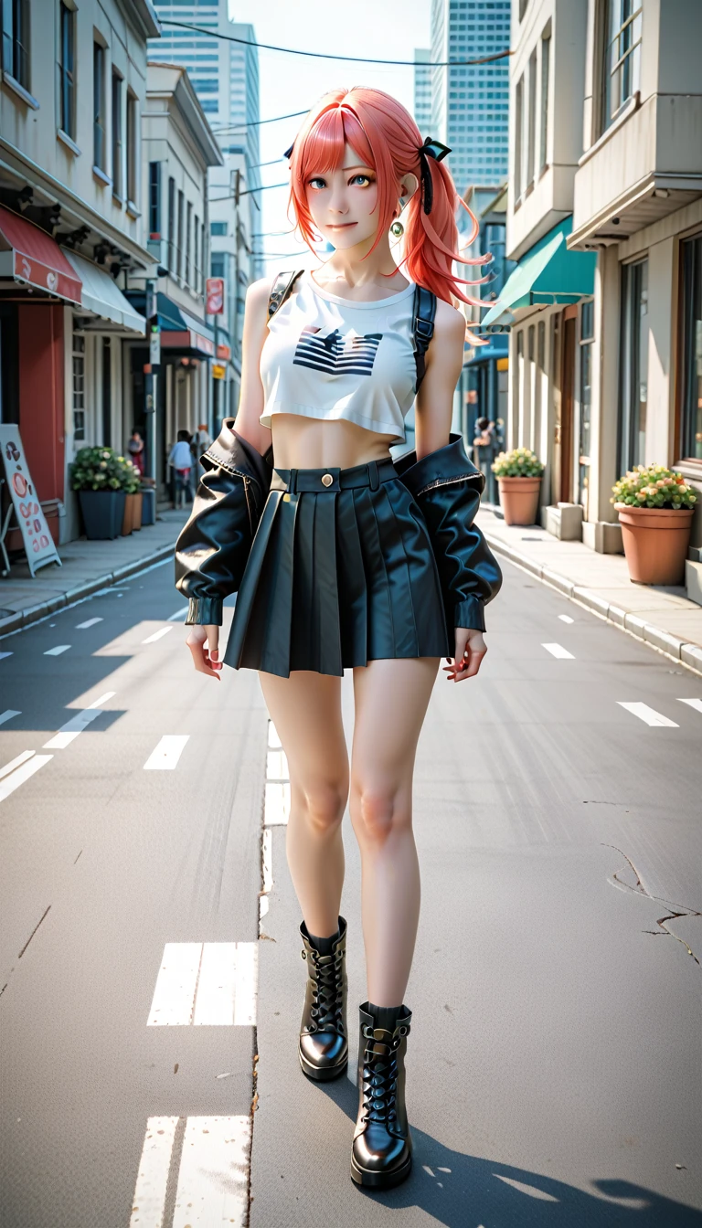 Nicole_START, One girl,Alone,big_chest,High resolution,Nicole_start,One girl,hair_ribbon,crop_top,Looking for_in_Viewers,Portraiture,looking to viewer, smirk smile,,masterpiece,Best Quality,Absurd,up to date,Higher, black boots, full length, fashion model pose, in Tokyo city