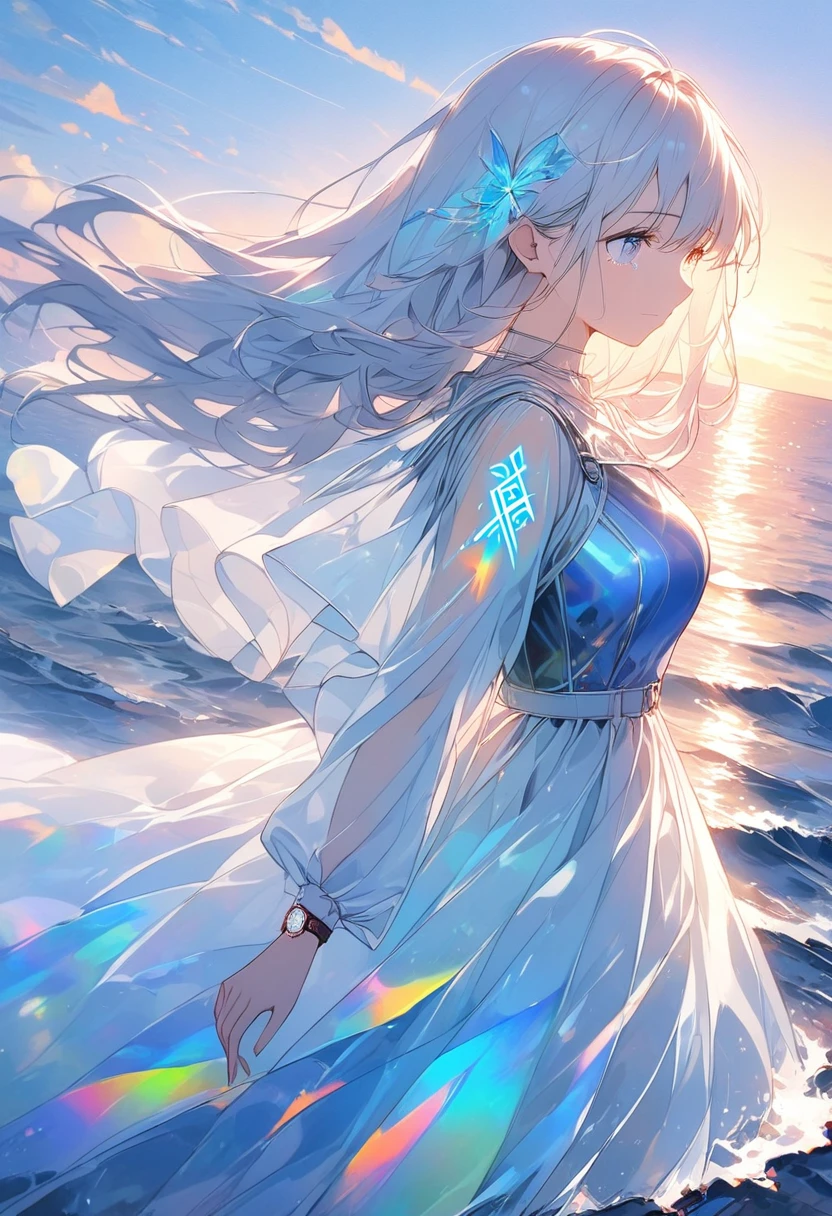 A woman watching the sunset,Glowing Runes,blue,Splash-like neon tattoo,Glass Clothes,dress,Long Hair,White Hair,Hair blowing in the wind,blue目,Neon Colors,Crying Sunset in the background,Reflected on the water surface,horizontal line,Big Sunset,Blur Masterpiece,Best Quality,Exquisite,8k,Absurd,Ultra-detailed illustrations,(Watch the audience),Angle from the side