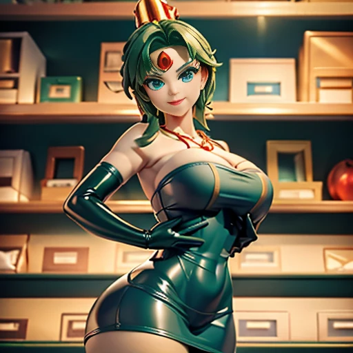 (masterpiece,best quality,ultra-delicate,Perfect Face,16k,high resolution,very beautiful woman), deep green hair,the hair in the back is very short:1.5,blue latex bodycon dress, long latex gloves, light green tights:1.3, large breasts, large red ball and tall cylinder shape gold headpiece connected by a rope:1.3, white skin:1.3, red gem on forehead ((cosmetics counter)), gold necklace, smile