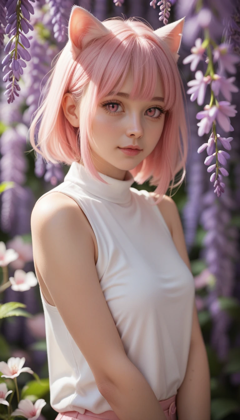 Top quality, RAW Photo, Highest Quality Image, 16K, Full body, Age 18 years old, Realistic, Photorealistic, Beautiful Asian Girls, Sexy, Perfect slender body, White pale skin, Beautiful hair, Wavy hair, Purple Hair,, Short hairstyle, Detailed face, Detailed body, Detailed skin, Double eyelids, Big eyes, long eyelashes, bright eyes, green eyes, natural lips, detailed lips, slender legs, thin waist , small hip, Naked, Pussy, Hairy, Pink nipples, Round shape breasts, detailed breasts, Beautiful breasts, Big Breasts, Perfect breasts, small thighs, posing in flowers field, pink tone light , soft light , smiling, light wind