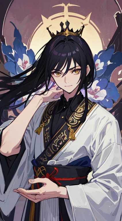 1boy, bangs, dark blue hair, (short hair with long locks:1.4), village background, hair between eyes, hair ornament, japanese clothes, long sleeves, male focus,solo upper body, wide sleeves, off shoulder, kimono,  <lora:OffShoulderKimono:1>, blindfold, (black blindfold:1.4), despair, innocence, yoshitaka amano character design, style by NTY, solo <lora:PsychoMode:0.5>, purple lips, <lora:gender_slider_v1:-3>