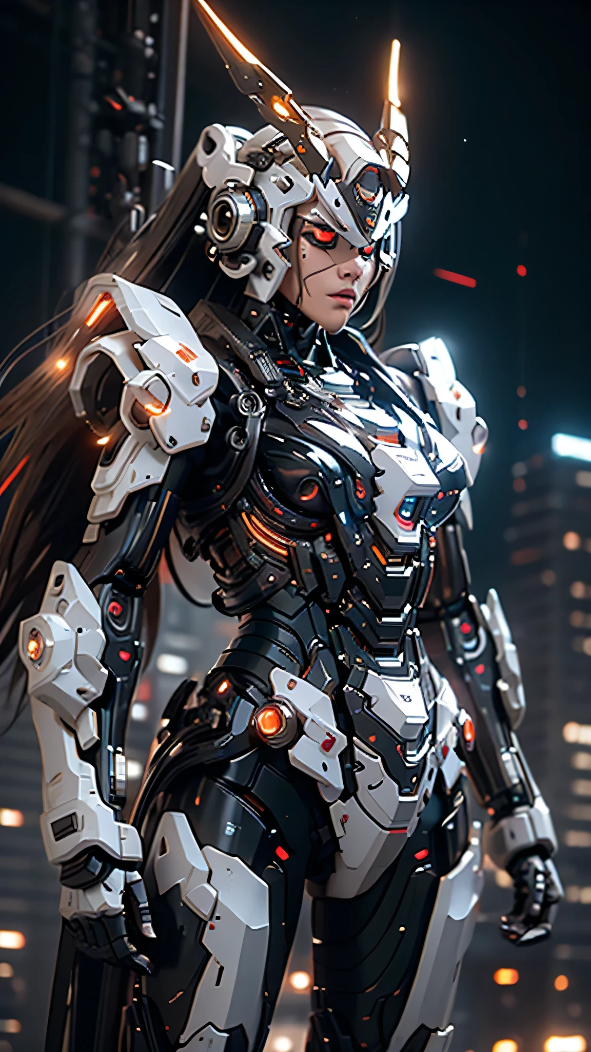 1girl, a beautiful girl cyborg cyberpunk with a cyberpunk city tall buildings, white hair, cybermask, white and orange and black machine suit color combination, the body full of machine, realistic futuristic hologram, asian skin tone, beautiful eye, beautiful asian face, cyber ear machine, suits is solid mecha, realistic machine, sci fi scape, manipulation is a masterpiece, long hair, masterpiece, suit of cyberpunk, realistic sci fi building texture mecha aestethic, digital cyberpunk, looming over a city, cyber technology, realistic hair, lots of hair, white of hair, realistic metal solid texture of building, realistic neon glow, realistic neon sign, wonderful side lighting, realistic futuristic cyberpunk building, realistic girl robot cyberpunk, fog, foogy, masterpiece of detail, RAW IMAGE, depth of field, point of interes, depth of field is masterpiece, best photography composition masterpiece, natural realistic hair, rule of third masterpiece photography, natural lighting, photography masterpiece natural lighting from side, realistic skin texture, strong reflection, ( pose pinterest) masterpiece beautiful, Devil Horns, smooth pixel, ray of light, soft light, small breasts, mastepiece of cyber mask, masterpiece fantasy gun, carry a fantasy weapon, weapon fantasy (artstation)