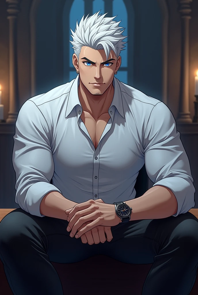 Ruggedly handsome older man, DILF, wearing grey trousers, bare chest. Dominant, Confident, gentleman, solo shot, sitting in leather chair, dink in hand, nightime