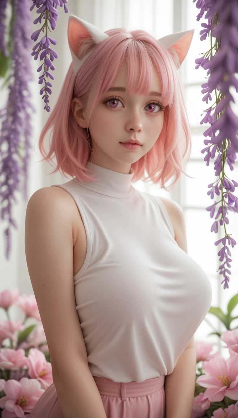 young woman, pale skin, short bubblegum pink hair, wide forehead, emerald green eyes, buttoned nose, peach lips, heart-shaped face, slender, red clothes, Sakura Haruno, 3d, realism, angelic face, maya in net