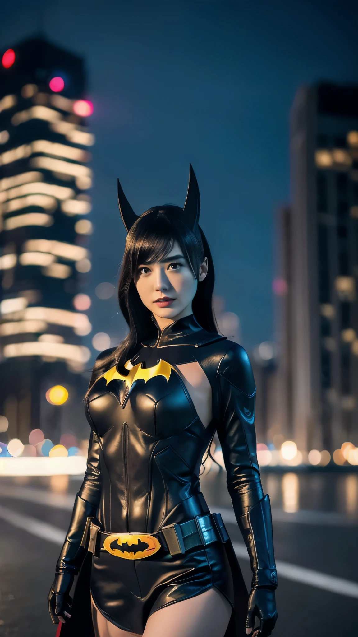 batman cosplaying woman in leather outfit posing in front of cityscape, cassandra cain in satin, cassandra cain, cosplay on black harley queen, alena aenami and artgerm, by Jason Chan, wojtek fus, cinematic goddess body shot, gal gadot as hell lord, glamourous cosplay, artgerm moody photography, ross tran 8 k, batgirl