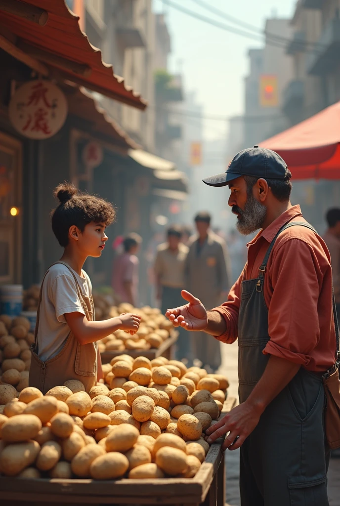 Generate a picture with a cafe in the background 
In the picture show an employee of the same restaurant throwing solid food into the trash cans and two poor starving kids picking up fallen food and eating it. Show the importance of food.