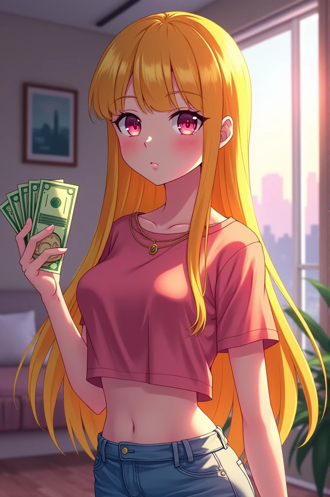 big cleavage, detailed, highres, sexy, wide hips, 1 girl, brown eyes, pink hair, long hair, dark skin, pink bear ears, gyaru, lips, white nails, long nails, glittery slingshot swimsuit, skirt, high quality, smirk, holding money, pov, high angle, city, night