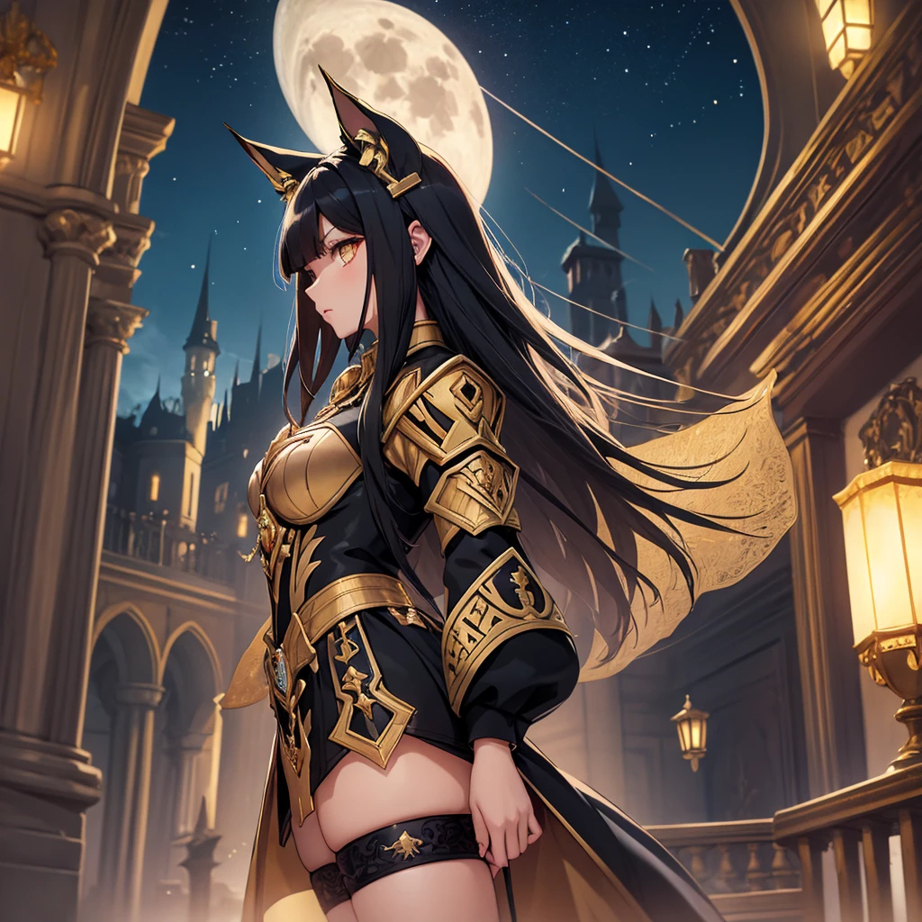 Woman profile,Only one person is depicted,Side view, Image from the knees up masterpiece, Best Quality, Straight black hair, Hair length down to chest,hime cut, Cat ears, Golden Eyes, A dignified expression, A female warrior wearing black and gold armor, The chest size is medium, Black thigh-high socks, Black mini skirt, Night sky with a big full moon, Abandoned castle balcony