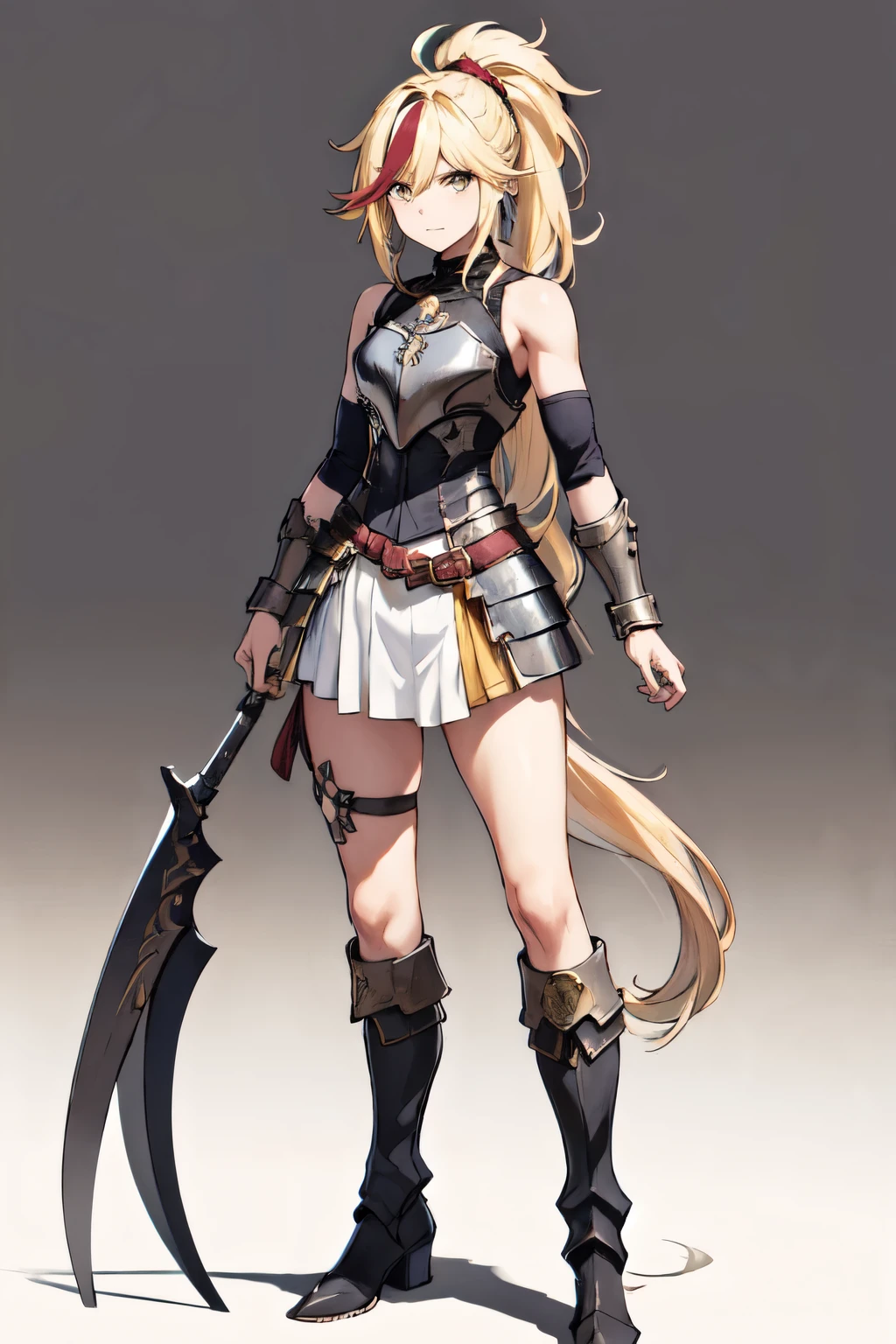 1 , Cabelo comprido, ultra long multicolored Franja, gorgeous, Cabelo loiro, long messy ponytail, shouder piece of armor, left bracelet, Short breastplate, long iron boots, cute pose, Alta resolução, Obra-prima, Melhor qualidade, simple background