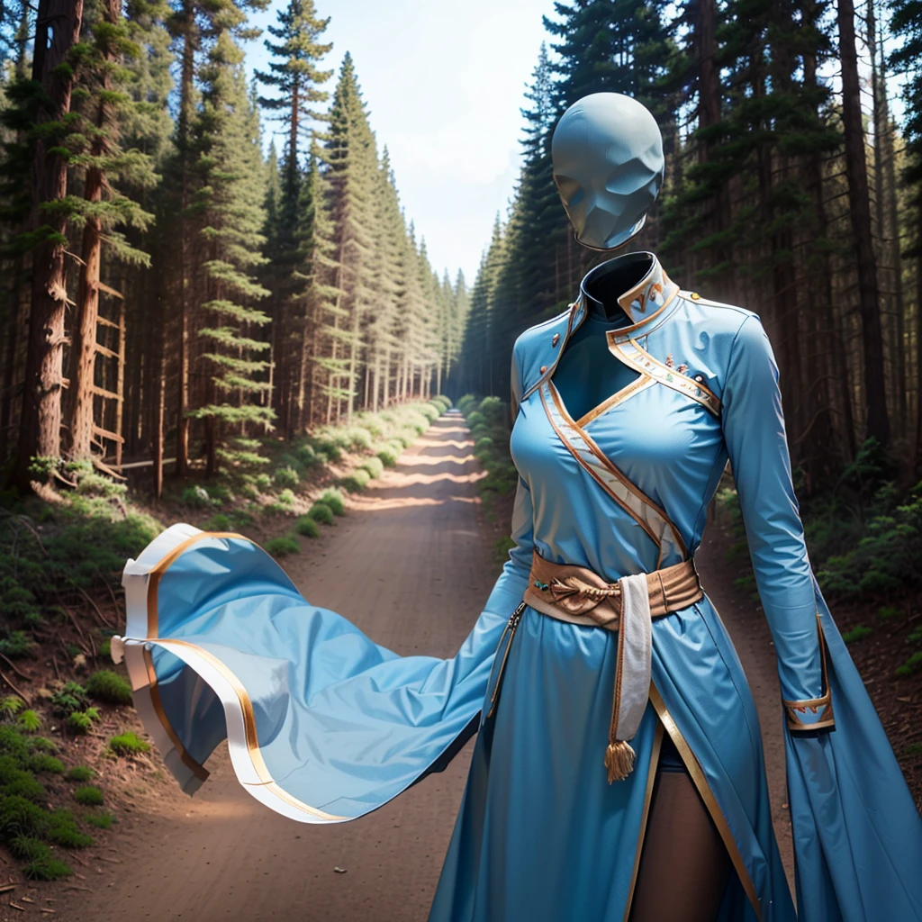 (Best-quality, Masterpiece, Ultra-High-Resolution), (invisible, no humans, headless, faceless:1.5), close-up shot of breasts, blue dress, long sleeves, side slit, (defaultLyn), blue dress, pelvic curtain, sash, brown boots, one girl, alone, in forest