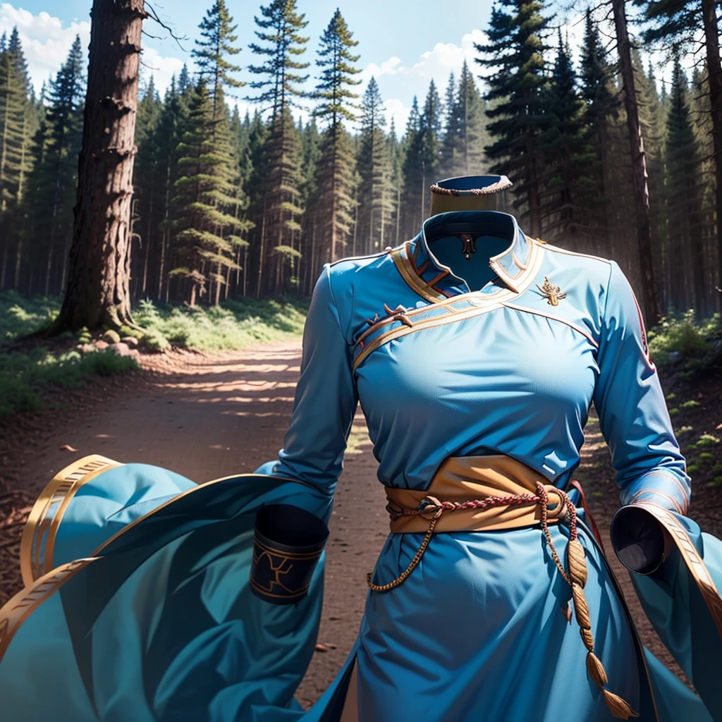 (Best-quality, Masterpiece, Ultra-High-Resolution), (invisible, no humans, headless, faceless:1.5), close-up shot of breasts, blue dress, long sleeves, side slit, (defaultLyn), blue dress, pelvic curtain, sash, brown boots, one girl, alone, in forest