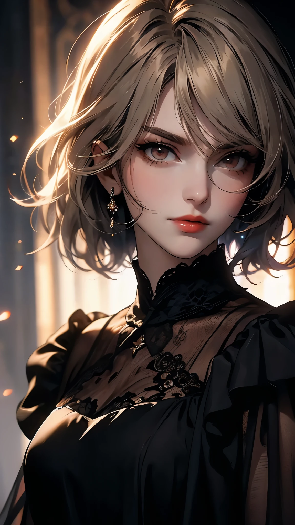 ((Masterpiece)), envision a 8k, highres, cinematic, extremely beautiful semi realistic close up portrait of a strong mature lady with a slender body, choppy blonde hair, side locks, strong face, slender face, long sweeping bangs, ((bright red eyes)), soft lips, lip gloss, thick eyebrows, round face, long black dress, gothic dress, long sleeved dress, ((((1girl)))), in dark lighting, against a dark gray background