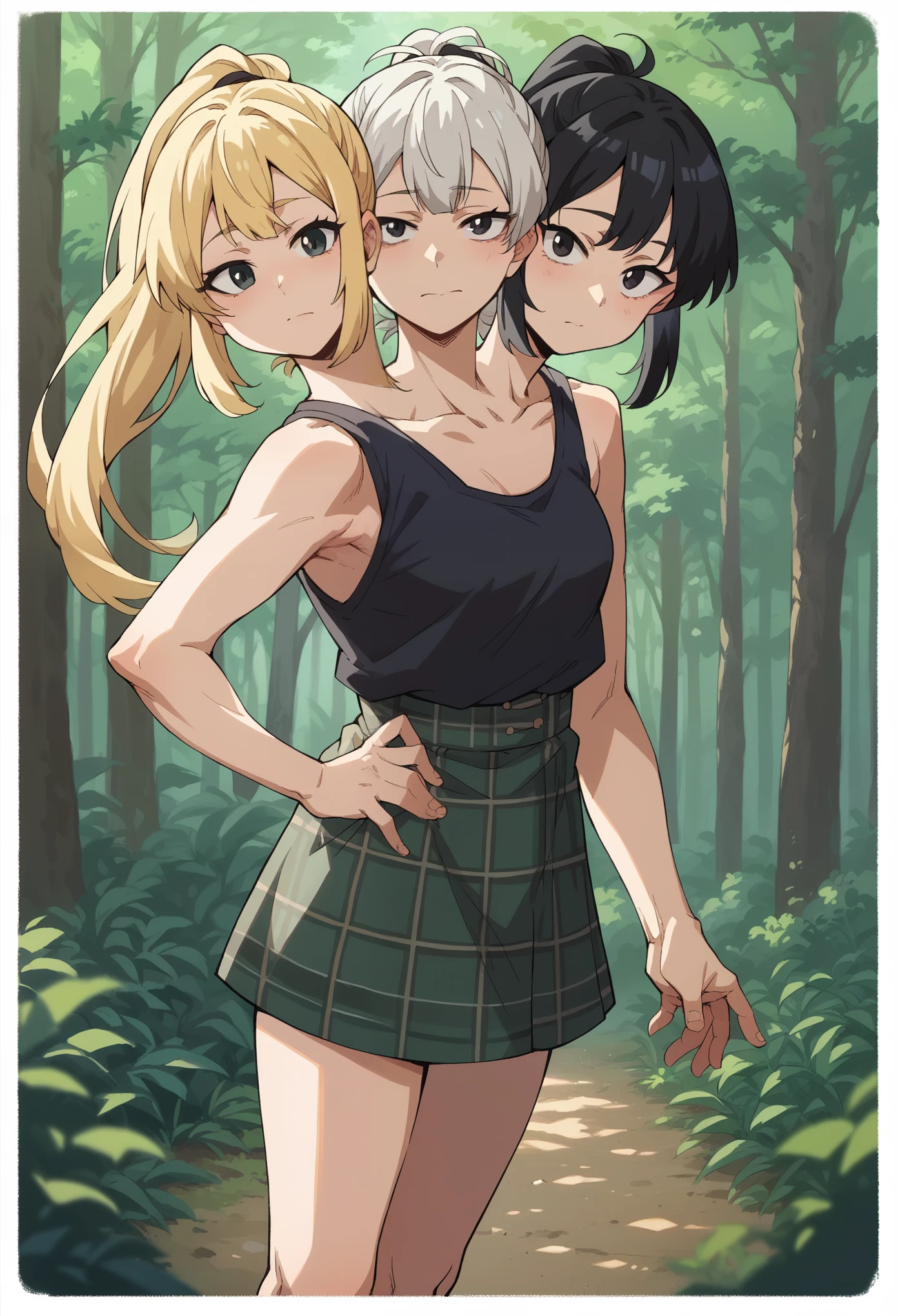 horikoshi style, conjoined, anime girl with three heads, posing for camera, different hair colors, blonde hair black hair white hair, ponytail, sleeveless blouse, plaid skirt, forest background 