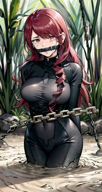 (black bodysuit, grey bodysuit:1.4), kirijou mitsuru, (red eyes, long hair, messy hair, red hair:1.4), 1girl, (gag, gagged, tape gag, restrained:1.4), (((fear, tears, crying))), thigh gap, (((large breasts))), ((a girl is sinking into quicksand)), ((quicksand)), (((standing))), sinking in quicksand, partially submerged, (only upper body visible), Sinking in mud, jungle, (arms behind back:1.4), (chains), (((the girl is chained)))
