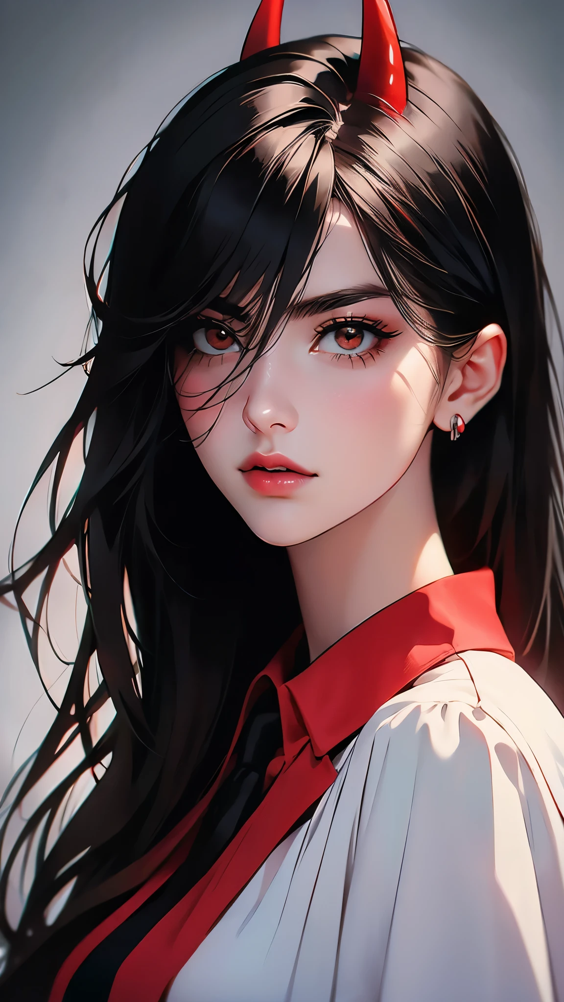 ((Masterpiece)), envision a 8k, highres, cinematic, extremely beautiful semi realistic close up portrait of a strong mature lady with a slender body, choppy black hair, side locks, strong face, slender face, long sweeping bangs, red eyes, soft lips, lip gloss, thick eyebrows, round face, white shirt, black tie, ((red horns)), trench coat, ((((1girl)))), in dark lighting, against a dark gray background