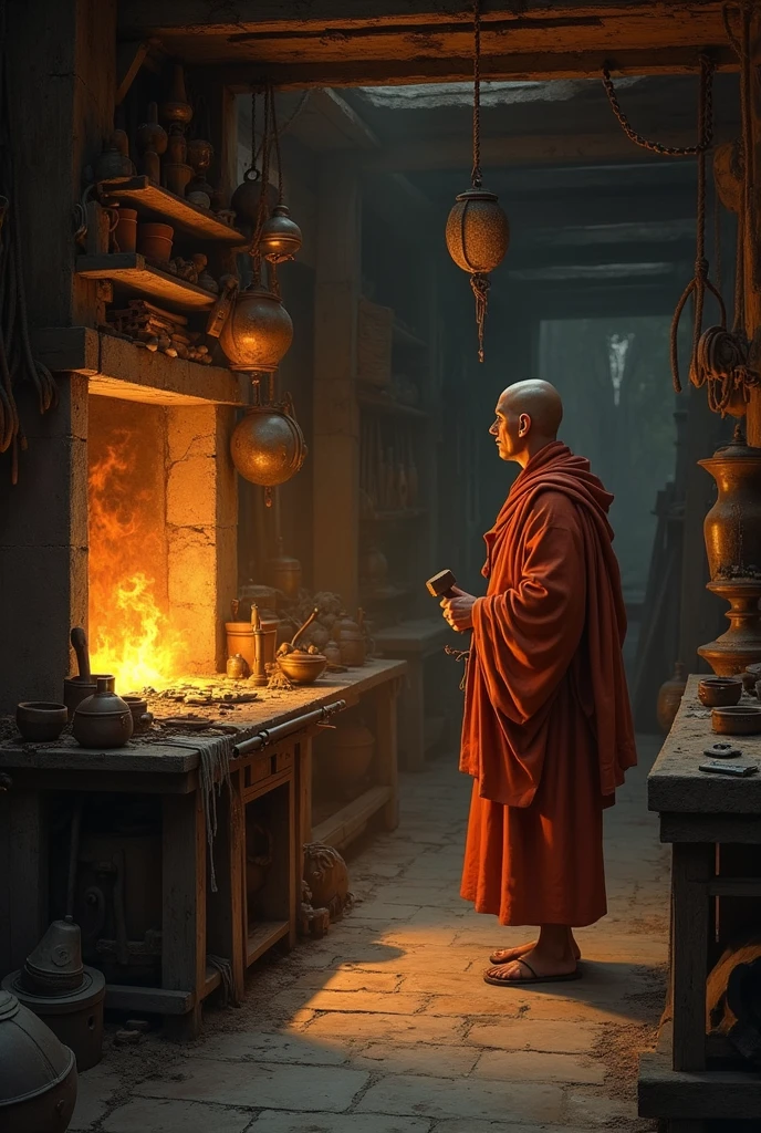 a wizard in a cave with red lighting, surrounded by human skulls, brewing various potions --auto --s2