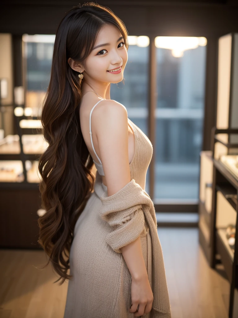 Raw photo, 25 years girl、Sexy, masterpiece、high resolution、Huge Large cleavage、a beautiful girl (High detailed skin:1.2),、beautiful thigh 、While looking at the camera、brunette、 Digital SLR, Soft lighting, High quality、Take in breathtaking views of the city in the background, Date、long wavy brown hair fluttering,smile、models、Sexy and dramatic, Staring at the whole body of the girl, standing, huge large beautiful breast, huge large deep cleavage, huge large round ass，huge large bubble butt ,muddy pink dress, ....Tall, Athletic, Triangular Face, Fair Skin, long brown Hair, hazel Eyes, [[Curved Nose]], Thick Lips, Round Chin, Instagram model, cheerful smile, coral stain lipstick, Masterpiece, hi res, 8k, award winning, RAW photo, high quality, 35mm photograph, film grain, bokeh, professional, 4k, highly detailed, view from behind