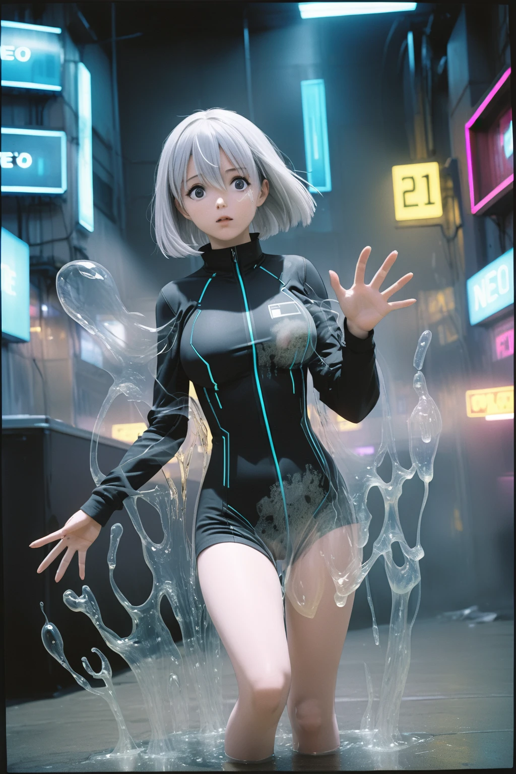 ((shiny silver hair)), bob cut, bang between eyes, beautiful hair), (silver eyes:1.5), (beautiful eyes), BREAK (athlete body large breasts), cute face, beautiful face, good anatomy, expressive eyes, Perfect Hands, the girl has five fingers on each hand, smooth skin ,BREAK 1girl, polaroid photograph, film grain,  (cyberpunk:1.3), neo-noir, astonished, (dissolving:1.3), (disintegrating:1.3), (vanishing:1.3), BREAK 1girl, a poignant moment as a virtual hologram of the girl bids farewell to the real world, her (cyan:0.8) appearance is (transparent:1.3) (fading:1.3) (digital dissolving:1.3) into (streams of code:1.3), BREAK the background is (digital numbers:1.3)