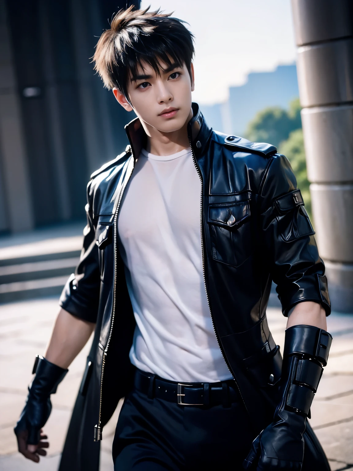 (masterpiece, realistic, absurdres:1.2), (photorealistic:1.5), RAW photo, high resolution, best quality, 8K,1boy, Noctis, ulzzang boy, chinese boy, very handsome, perfect face, intricate detail, Extremely detailed, professional photography, Bright colors, Clear focus, perfect hair, young man, (black see through shirt:1.2), muscular, slim muscular, (perfect hands, 5 fingers) , clear and beautiful detailed eyes, perfect eyes, Playful expression, abs, soft skin, detailed skin, detailed highlights and shadows, Excellent body proportions, Correct anatomy, looking at camera, male focus, black jacket, fingerless gloves, belt, black pants, boots, gentlesunlight, Cinematic Lighting, Warm colors, full-body shot, ornate futuristic castle background,