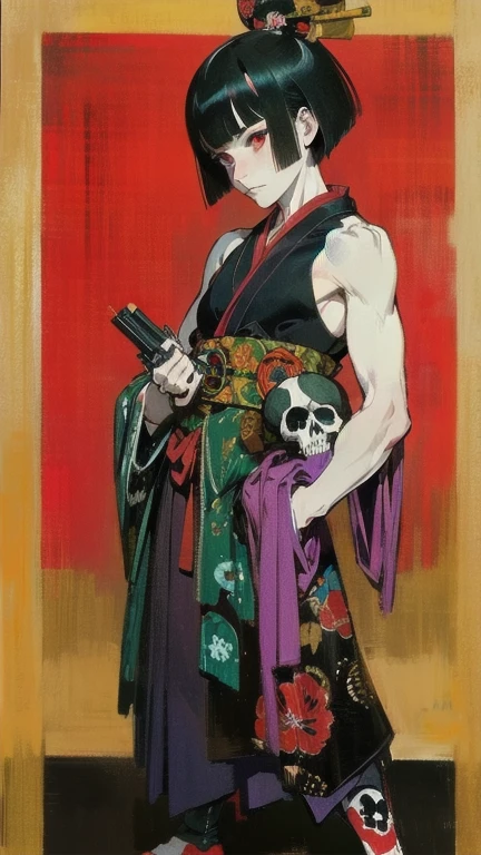 japanese line art , a samurai( tied up to a wooden steak with several arrows stuck in him,:1.2) lower body missing visible skeletal structure , ripped rags, rope and bloody ground, black skies and large moon , floral damask background , in the style of takato yamamoto
