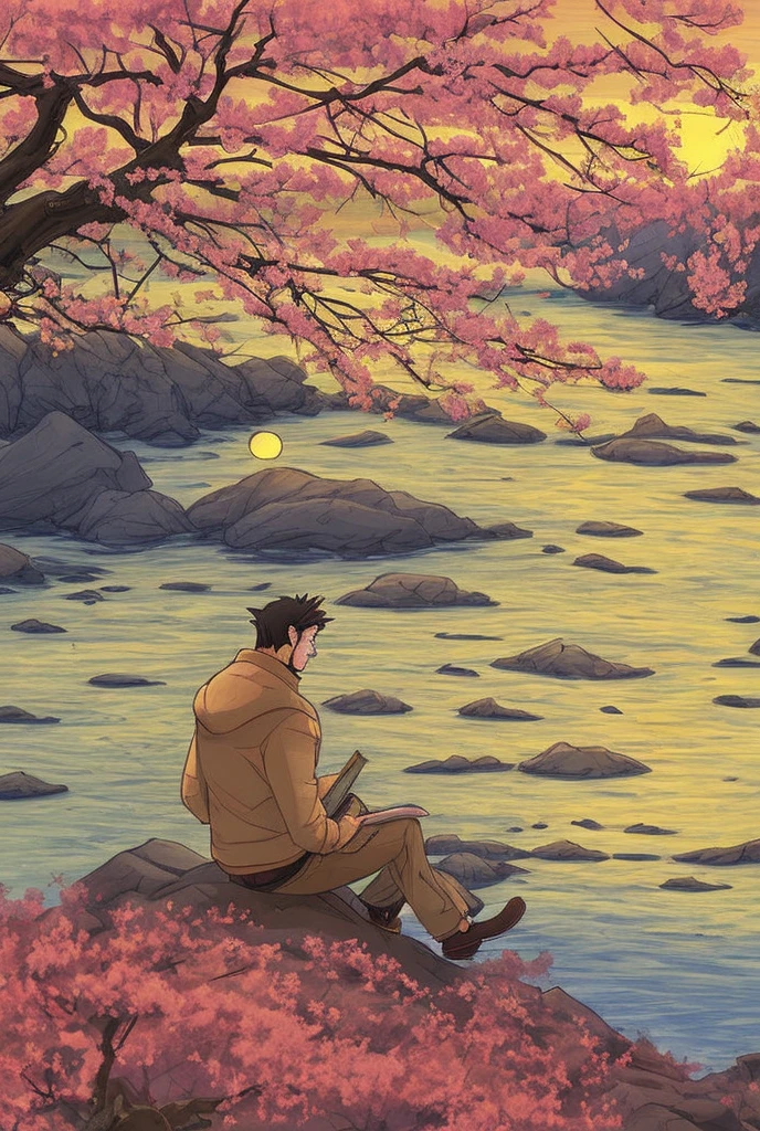 Drawing, sketch, a man sitting under a sakura tree by a river, watching the sunset, vibrant colors, warm color palette, stunning scenery, tranquil atmosphere, serene landscape, flowing river, petals falling from the tree, soft focus background, beautiful, warm golden sunset lighting, 