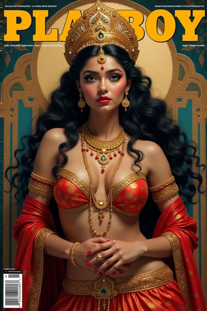 Goddess Lakshmi wearing a saree in the lower half and a bra, rubbing her nipples, mesmerized eyes. She is enthroned ,