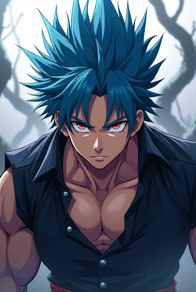 Create a very dark skinned male anime character with a mullet hairstyle.