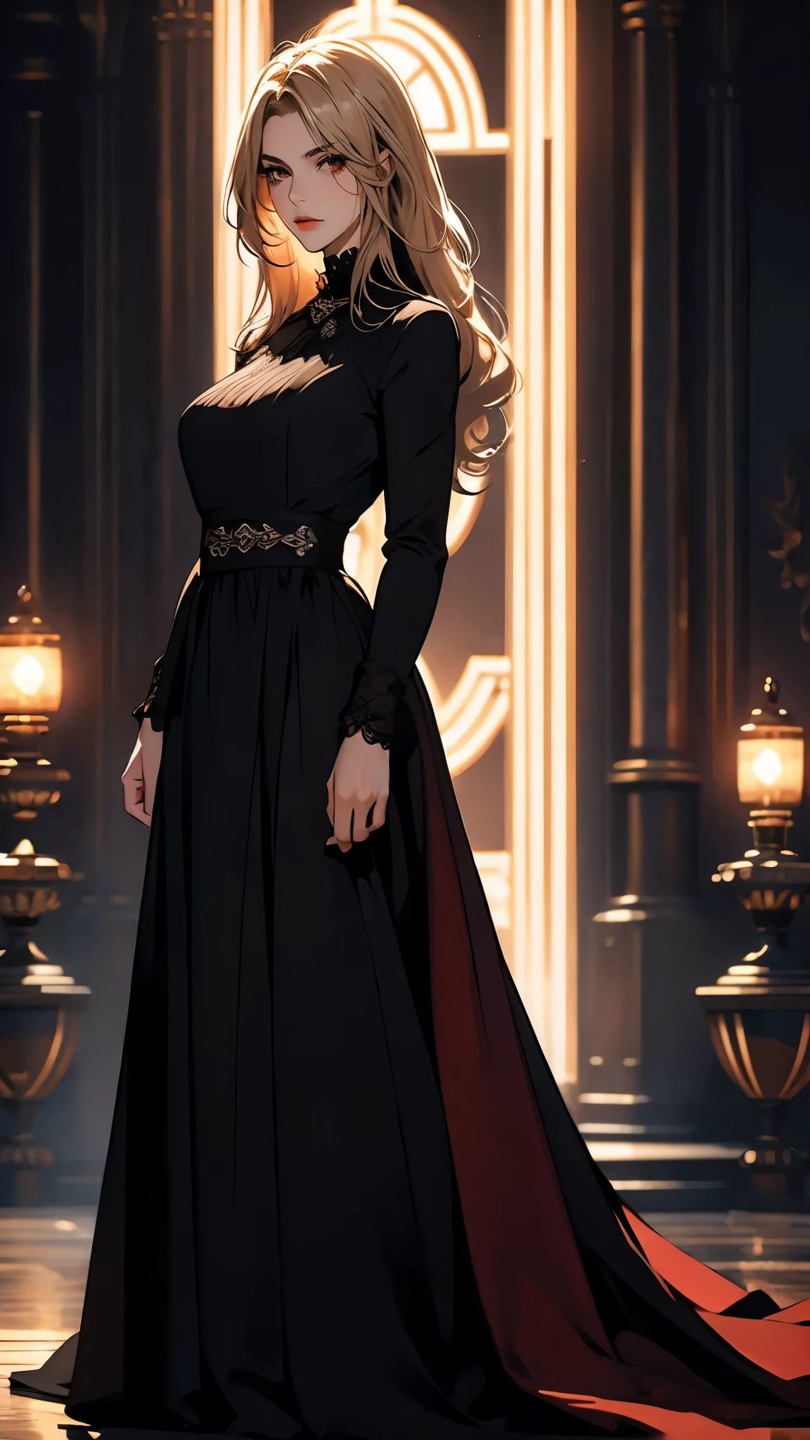 ((Masterpiece)), envision a 8k, highres, cinematic, extremely beautiful semi realistic full body pinup of a strong mature lady with a slender body, choppy blonde hair, side locks, strong face, slender face, long sweeping bangs, ((bright red eyes)), soft lips, lip gloss, thick eyebrows, round face, long black dress, gothic dress, long sleeved dress, ((((1girl)))), in dark lighting, against a dark gray background