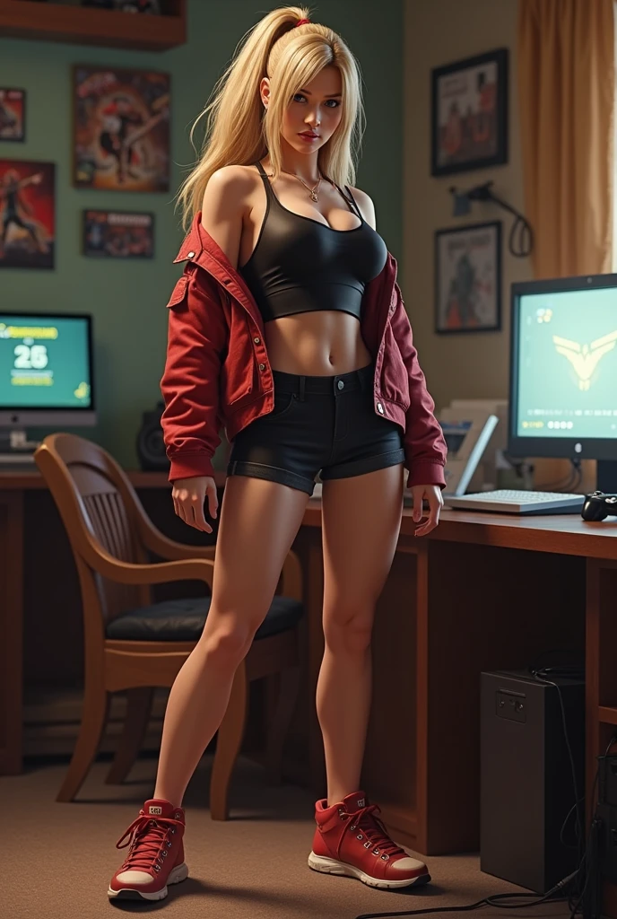 Swiss woman, nose piercing, blue eyes, blonde hair, channel hair, hands inside blouse, belly piercing, torn and stylish pants, PlayStation 4 on the floor, room with dark purple lighting, movie on TV in the background.  Octane render, concept 3d art, unreal engine 5, ray tracing, dynamic illumination.