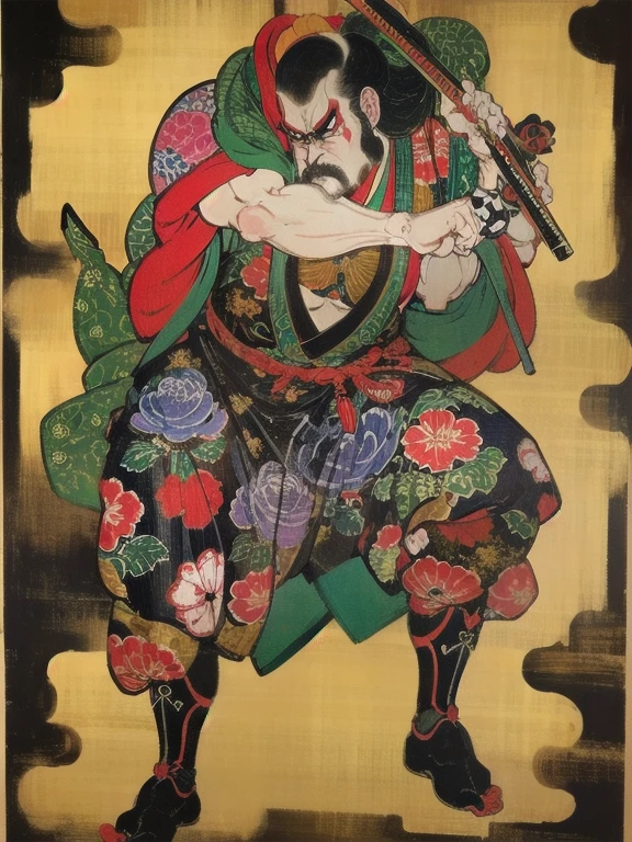 (masterpiece), (High resolution), (Full body portrait), （Cyberpunk）、Sleeveless skull print dress、 Dark atmosphere, Flat illustration, Creepy Appearance, Distinctive hairstyle, Creative accessories, Unique atmosphere,A Little Nightmare、Japanese painting of a man holding a pistol in each hand、Ukiyo-e