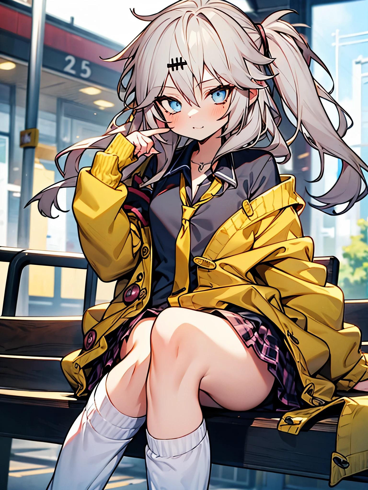 masterpiece, Best Quality, Perfect Face, Highest Resolution, Best Quality,Detailed depiction of the eyes, 8k, kasukabe tsumugi, One Girl, Black shirt, Yellow tie, Yellow cardigan, Loose socks, plaid skirt, Train Station