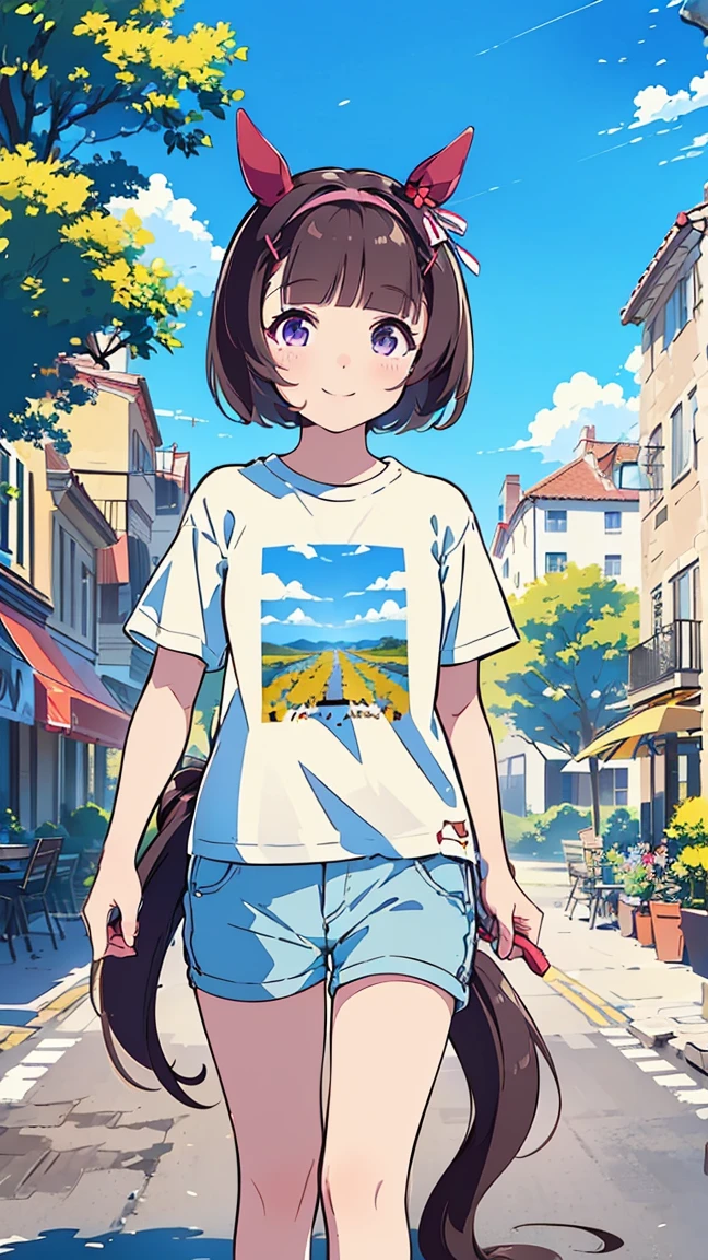 masterpiece, Best Quality, High resolution, Very detailed,(((Nishino Flower))), (((Horse Girl))), (((Standing at a distance))), (((Standing on the balcony))), (((Streetscape))), (((nature))), (((T-Shirts))), (((Shorts))), (((Plants))), (((blue sky))), (((smile)))