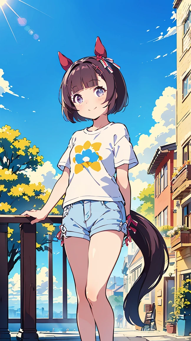 masterpiece, Best Quality, High resolution, Very detailed,(((Nishino Flower))), (((Horse Girl))), (((Standing at a distance))), (((Standing on the balcony))), (((Streetscape))), (((nature))), (((T-Shirts))), (((Shorts))), (((Plants))), (((blue sky))), (((smile)))