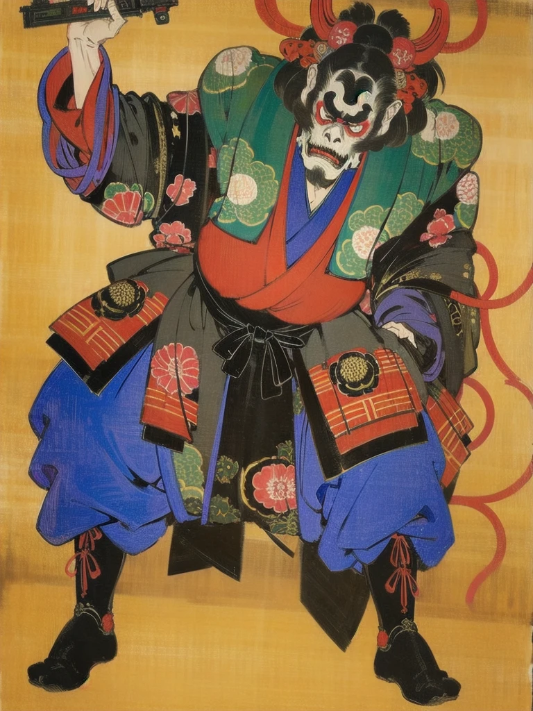 (masterpiece), (High resolution), (Full body portrait), （Cyberpunk）、Skull pattern、 Dark atmosphere, Flat illustration, Creepy Appearance, Distinctive hairstyle, Creative accessories, Unique atmosphere,A Little Nightmare、Japanese painting of a man holding a pistol in each hand、Ukiyo-e