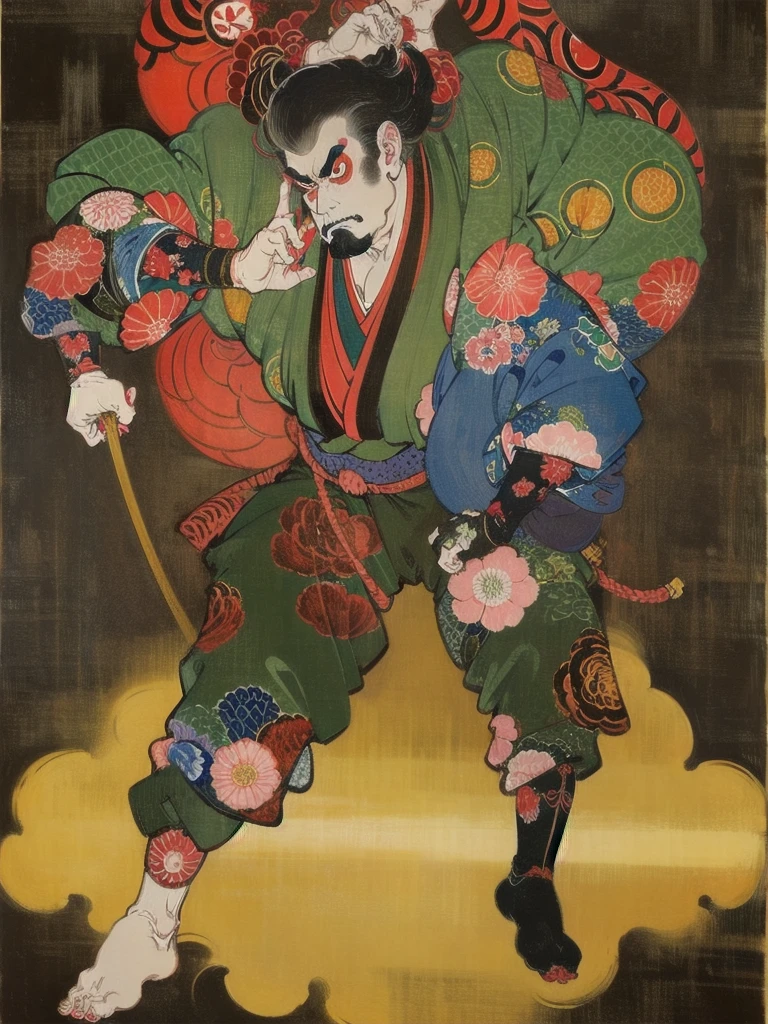 (masterpiece), (High resolution), (Full body portrait), （Cyberpunk）、Skull pattern、 Dark atmosphere, Flat illustration, Creepy Appearance, Distinctive hairstyle, Creative accessories, Unique atmosphere,A Little Nightmare、Japanese painting of a man holding a pistol in each hand、Ukiyo-e