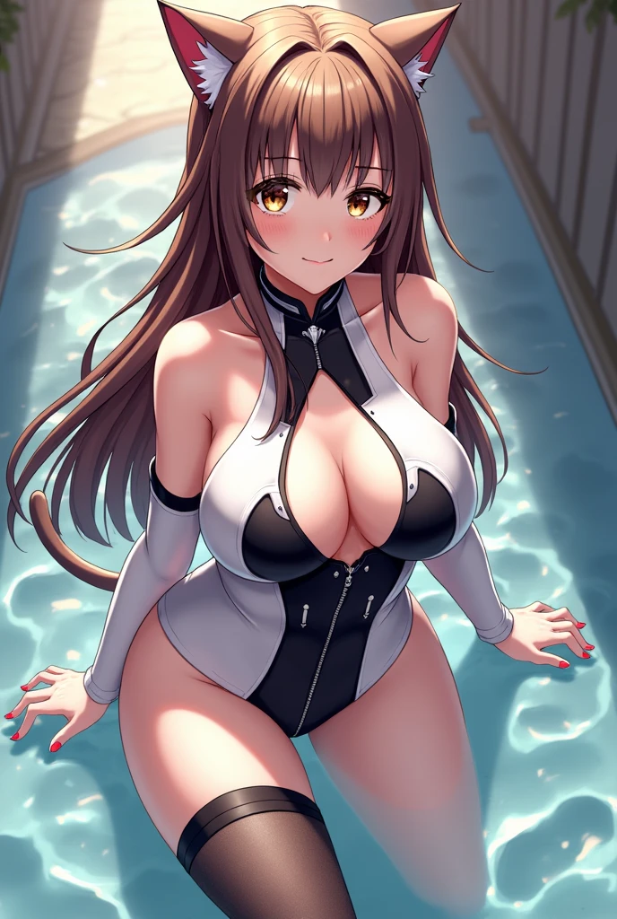 1girl, one-piece swimsuit, black one-piece swimsuit, brown hair, ponytail, highleg, cleavage, eyewear on head, yellow eyes, bare legs, thick thighs, huge breasts, smile, pool, competition swimsuit, sleeves,