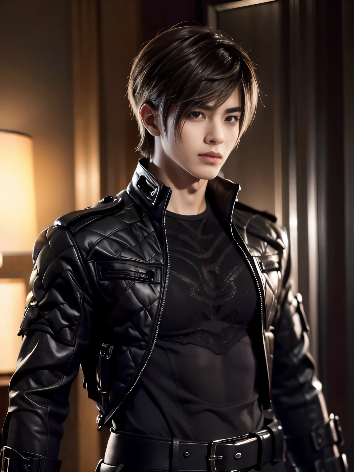 (masterpiece, realistic, absurdres:1.2), (photorealistic:1.5), RAW photo, high resolution, best quality, 8K,1boy, Noctis, ulzzang boy, chinese boy, very handsome, perfect face, intricate detail, Extremely detailed, professional photography, Bright colors, Clear focus, perfect hair, young man, (black see through shirt:1.2), muscular, slim muscular, (perfect hands, 5 fingers) , clear and beautiful detailed eyes, perfect eyes, Playful expression, abs, soft skin, detailed skin, detailed highlights and shadows, Excellent body proportions, Correct anatomy, looking at camera, male focus, black jacket, fingerless gloves, belt, black pants, boots, gentlesunlight, Cinematic Lighting, Warm colors, full-body shot, ornate futuristic castle background,