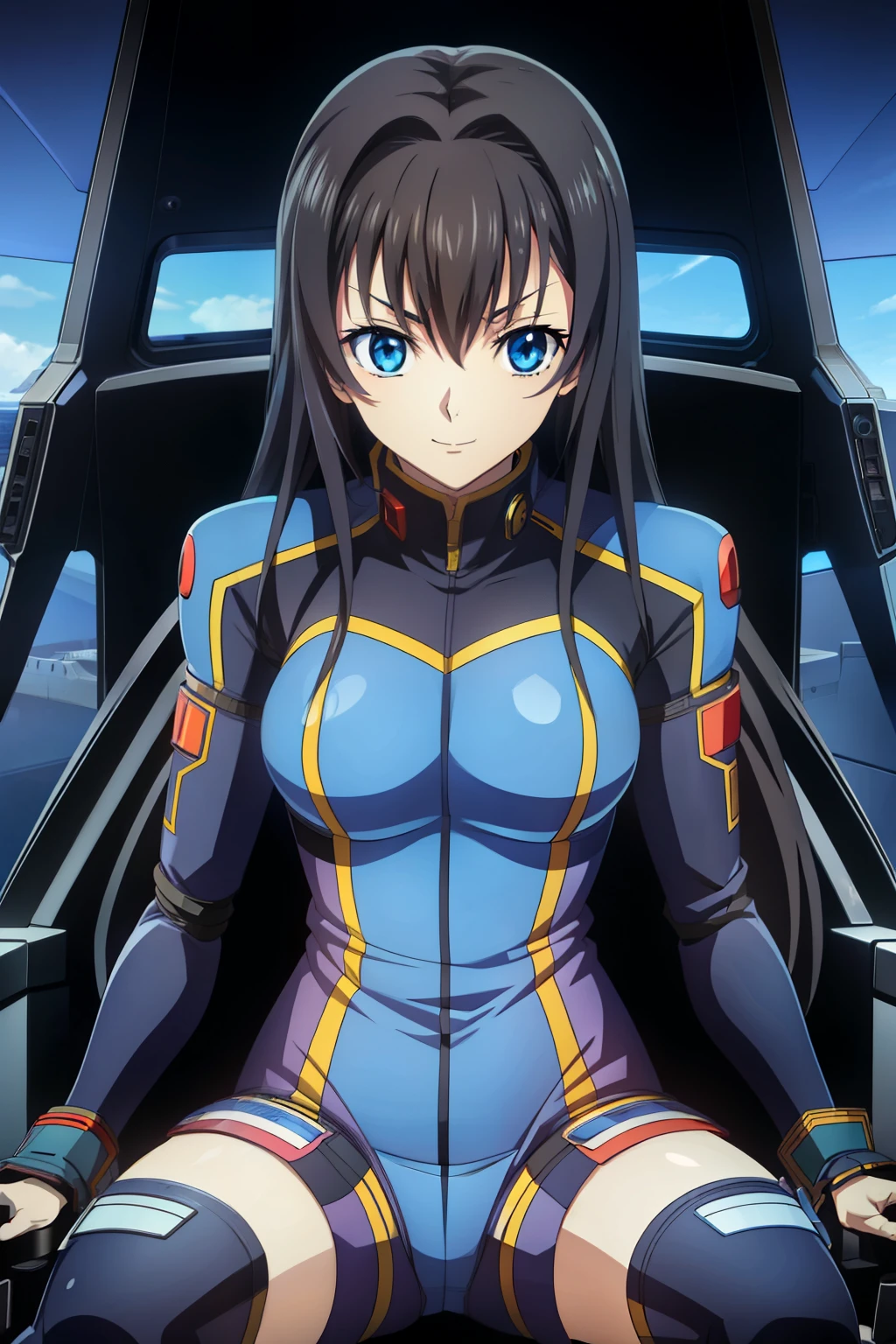 (sitting in the cockpit of a robot), (spreading legs), (((pilot suit))), (leaning forward), in front of blue background, cyberpunk, Black Hair,Long Hair,blue eyes,bangs, ((髪band)), Animeセル画スタイル,masterpiece, Best Quality, Very detailed, a Anime, , Naughty anime style, Anime, Naughty style, Naughty, Digital anime art!!, Anime Style, Official artwork, Visual Novel CG, 美しいAnime, Anime Style 4k,(masterpiece, best quality), 