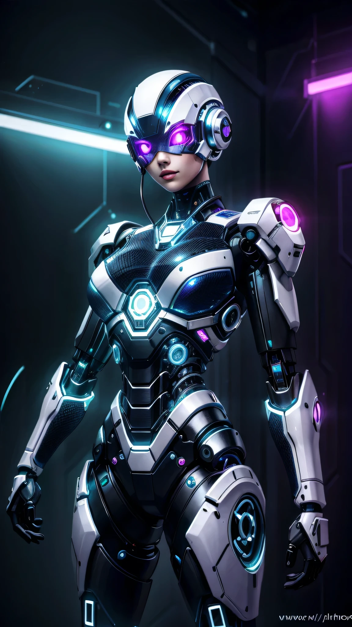 (high quality, best quality:1.2), alienor_v2, cyborg, neon lights 