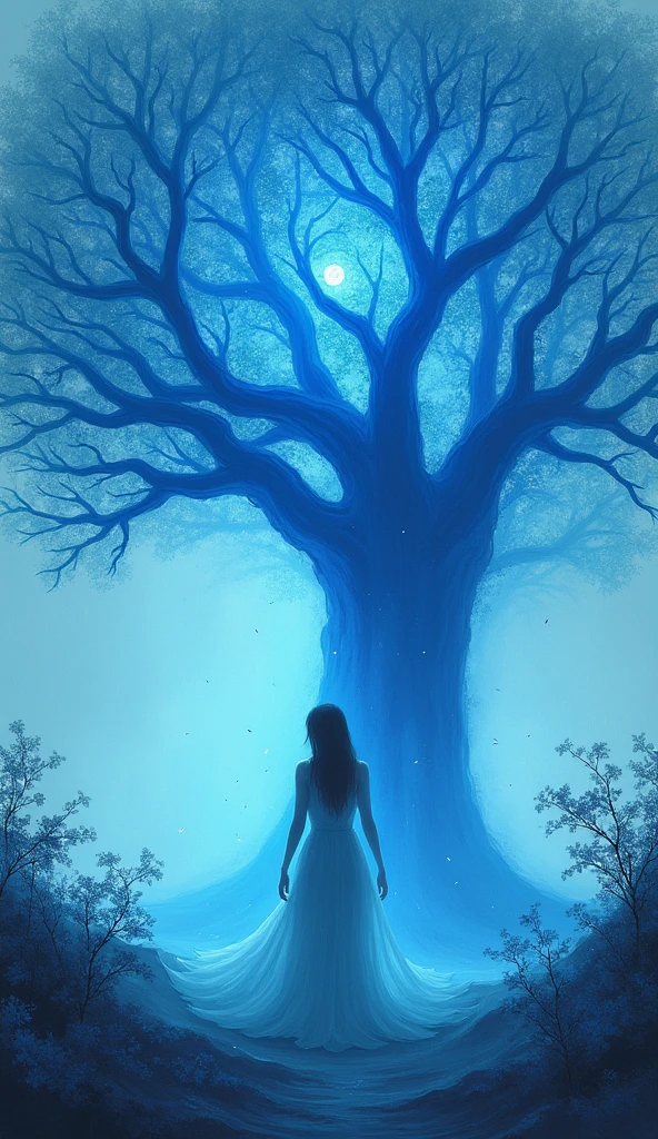 Black shadow of a tree root with a woman with a glowing heart, cartoon, Vice City GTA, light blue background