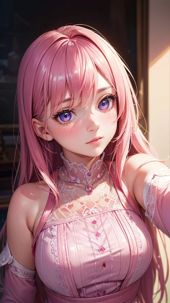 (Highest quality, 4K, 8k, High resolution, masterpiece:1.2), Very detailed, Picturesque, Anime style photo, Photo Anime:1.37)、a beautiful girl、(pink hair)、(long hair)、white lily Hair Ornaments、On the bed、white lace under wear、white wings Doroty