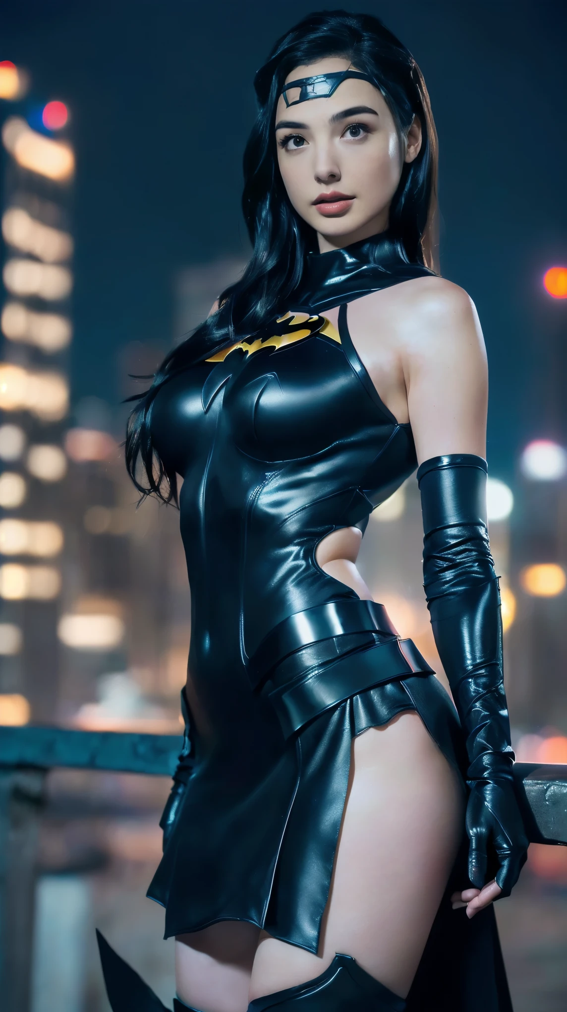 ((16k, RAW Photos, Best Quality, masterpiece: 1.2)、Very detailed、Super Resolution、beautiful face woman,batman cosplaying woman in leather outfit posing in front of cityscape, cassandra cain in satin, cassandra cain, cosplay on black harley queen, alena aenami and artgerm, by Jason Chan, wojtek fus, cinematic goddess body shot, gal gadot as hell lord, glamourous cosplay, artgerm moody photography, ross tran 8 k, batgirl