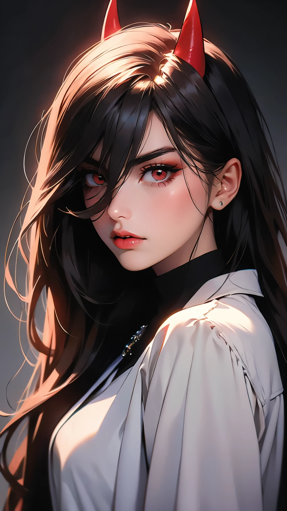 ((Masterpiece)), envision a 8k, highres, cinematic, extremely beautiful semi realistic close up portrait of a strong mature lady with a slender body, choppy black hair, side locks, strong face, slender face, long sweeping bangs, red eyes, soft lips, lip gloss, thick eyebrows, round face, white shirt, black tie, ((red horns)), trench coat, ((((1girl)))), in dark lighting, against a dark gray background